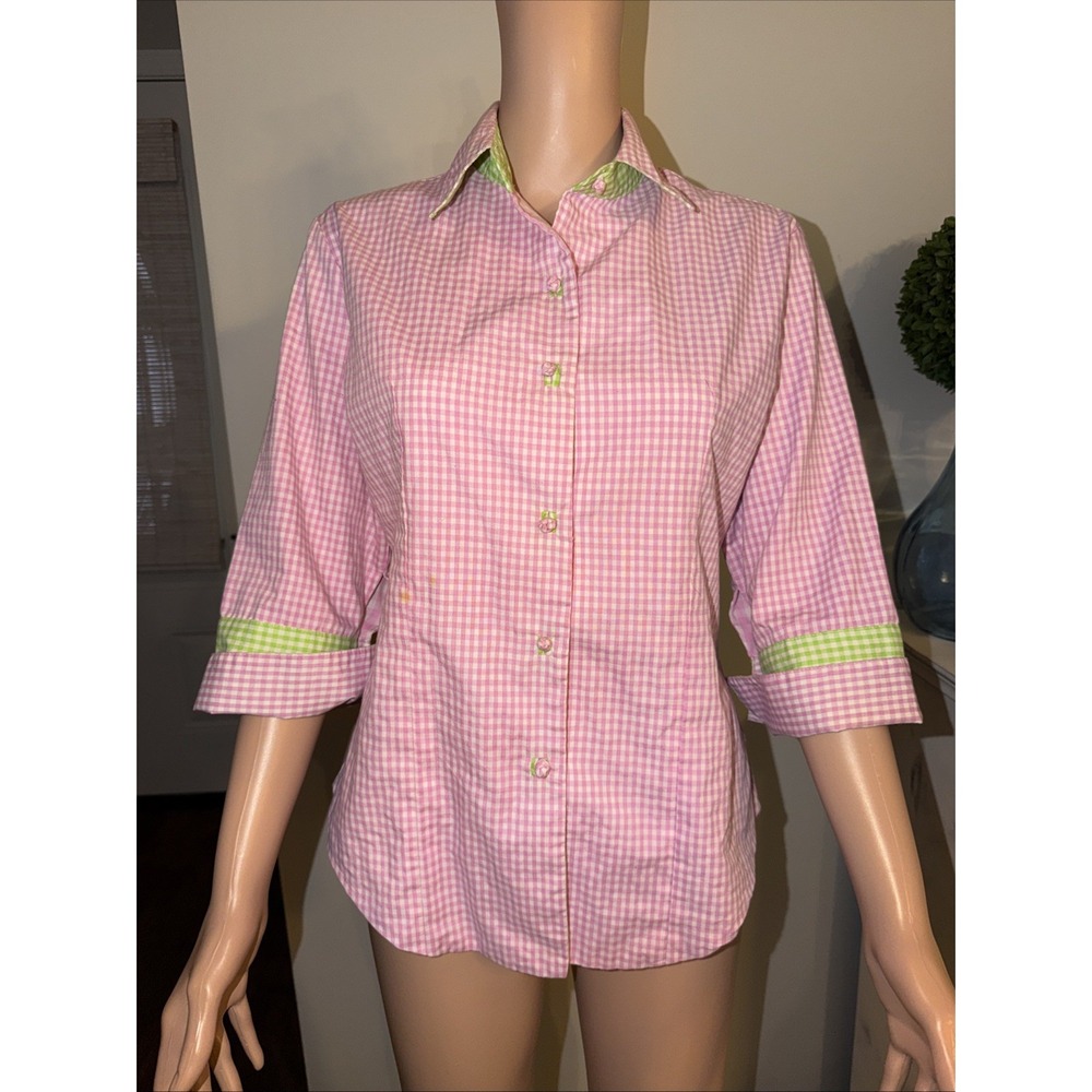 Gretchen Scott Pink Green Checked Button Up Blouse Cottagecore Designer Top S